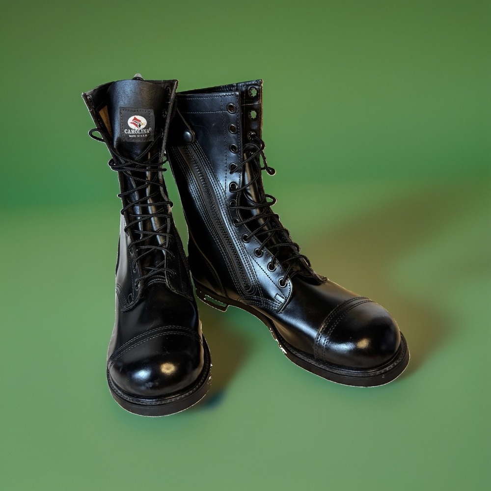 Carolina VTG Black Leather Combat Boots Men's Lace Up Side Zip Cap Toe Sz. 14 W